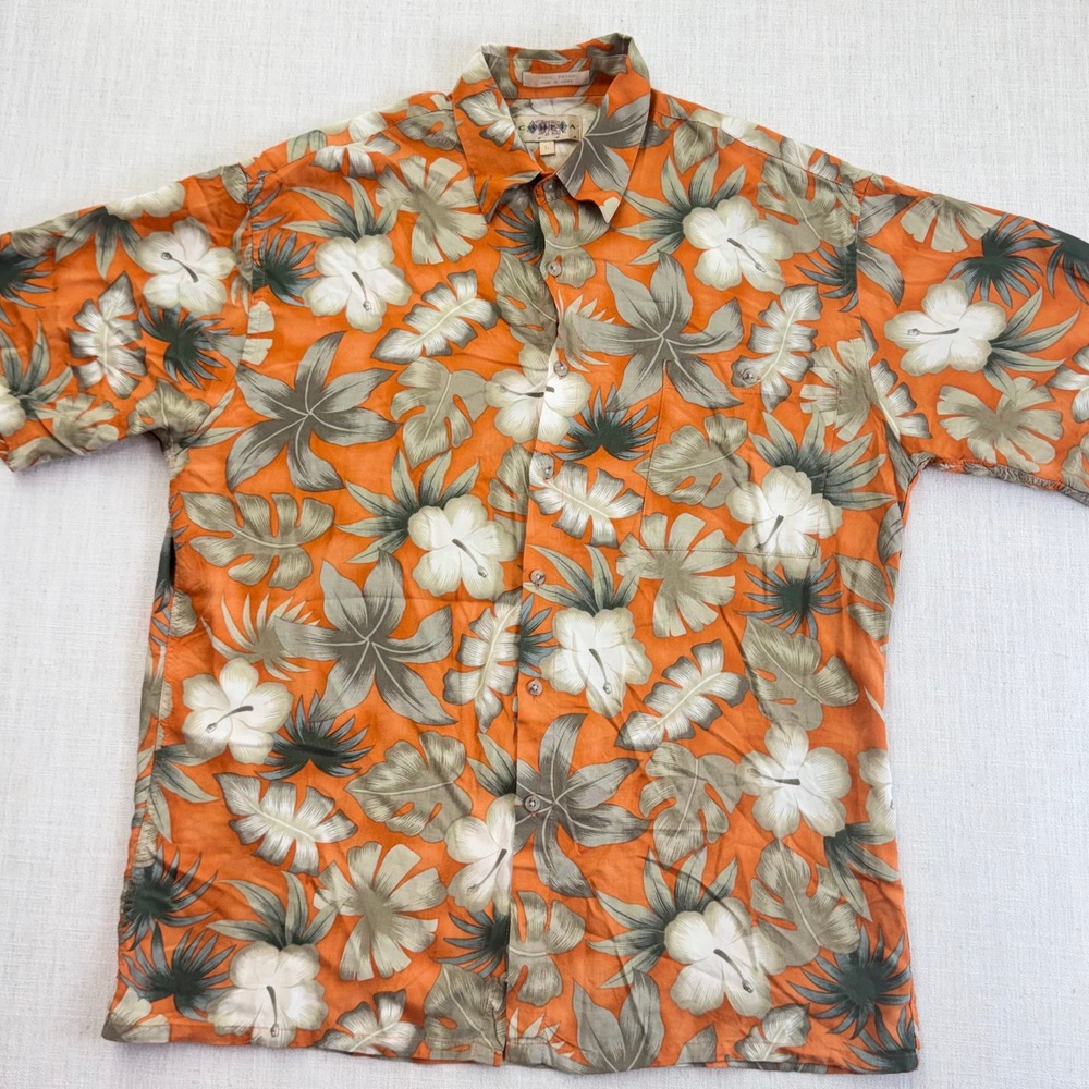 Campia Moda Mens Orange‎ Tropical Hibiscus Floral Rayon Hawaiian Shirt Large L